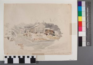 Disegno a matita e acquerello che raffigura una scena del centro di St. Louis, Chouteau Avenue a Sixth Street, dell